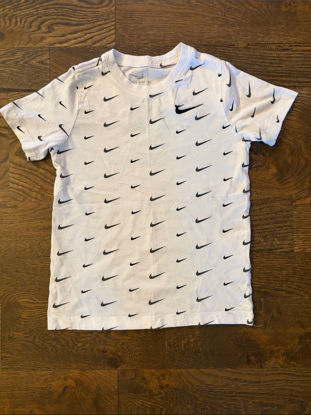Nike Kids White Short Sleeve Tee with Black Swoosh Print